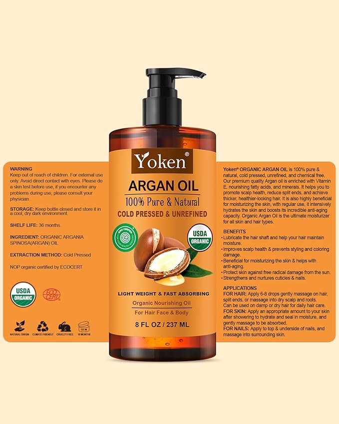 Yoken USDA Argan Oil 8oz, Cold Pressed Unrefined Moroccan Oil for Hair