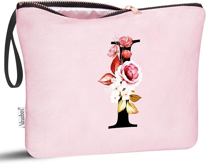 Vavabox A-Z Personalized Makeup Bag, Birthday Gifts for Women Mom, Gifts for Best Friend, Bride Bridesmaid Cosmetic bag (I, 06-Pink)