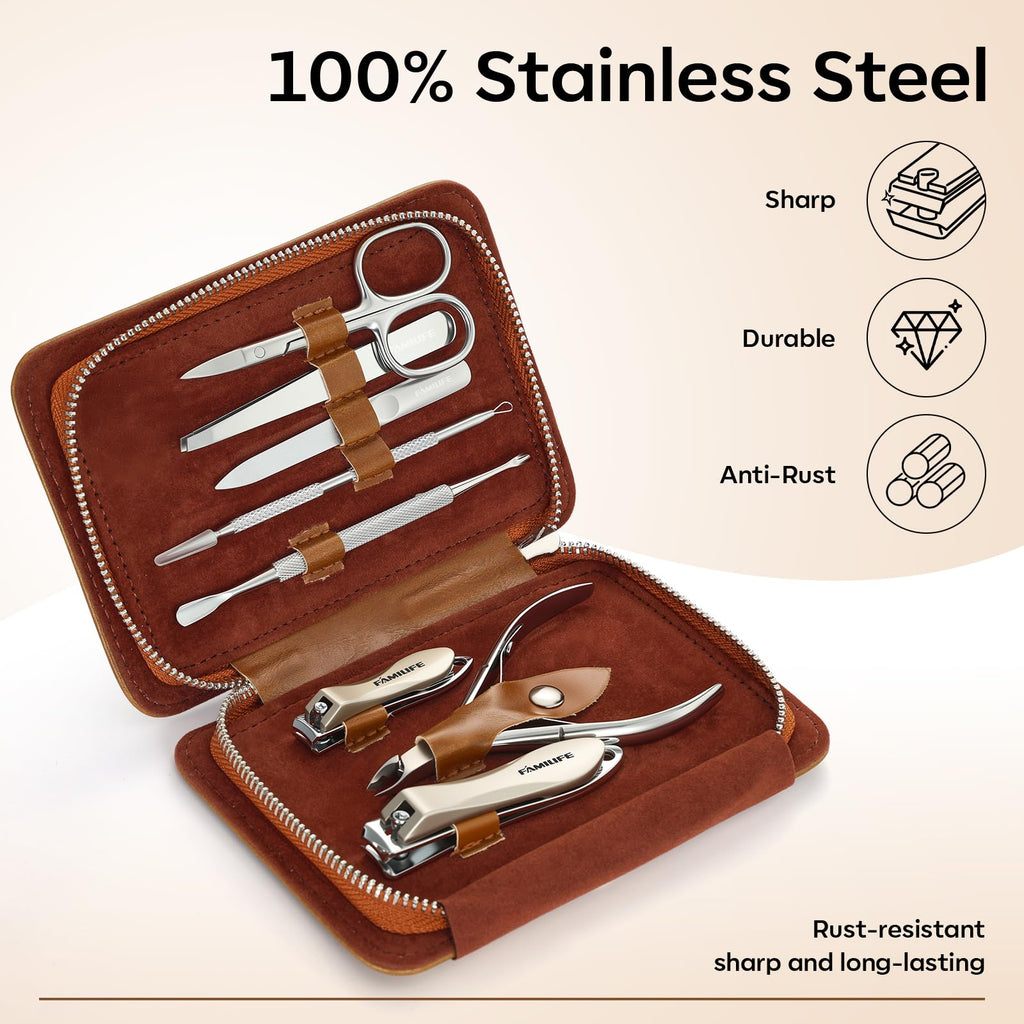 FAMILIFE Manicure Set, Nail Clippers Pedicure Tool, 8 pcs Stainless Steel Manicure Kit Professional Grooming Tool, Nail Kit with Portable Brown Leather Travel Case Luxury Gifts for Men Women