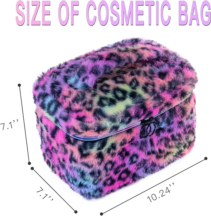 imerelez Plush Makeup Bag for Women, Leopard Print Faux Fur Travel Cosmetic Organizer, 10.2 x 7 x 7 in Soft Fluffy Toiletry Bag for Makeup, Skincare and Beauty Essentials (Rainbow Leopard)
