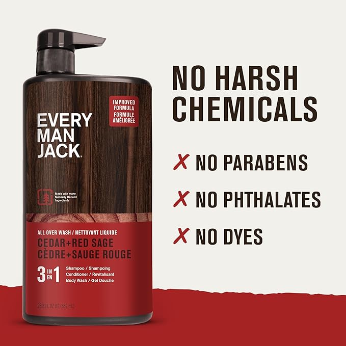 Every Man Jack 3-in-1 All Over Body Wash for Men, Cedar Red Sage, 2pk