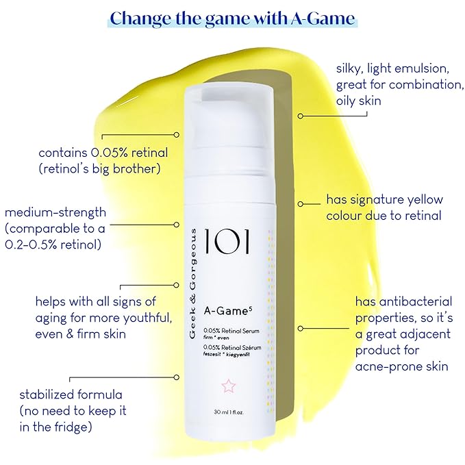Geek & Gorgeous A-Game 5-0.05% Retinal Facial Serum - Lightweight Formula for Smoother, More Radiant-Looking Skin - 1 oz