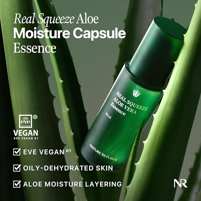 Nature Republic Real Squeeze Aloe Vera Essence | Hydrating Moisturizer & Glow for Face Fast-Absorbing, Non-Sticky After Sun & Aftershave Korean beauty Care for all Skin types Vegan 50ml / 1.69 Fl Oz
