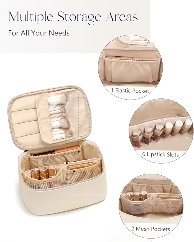 Prite Makeup Bag Travel Cosmetic Case, Women Toiletry bag Organizer, Beige