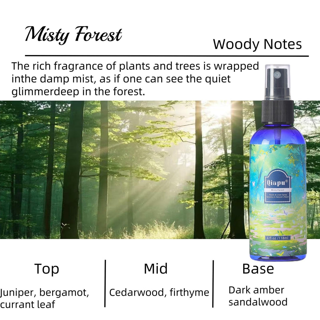 Natural Bedroom Linen Spray Scented Room Mist with Plant Extracts Long Lasting Freshness for Sheets, Pillows & Curtains –Ebony Agarwood + Misty Forest + Chamomile + Romantic Rose 4oz（4 Bottle）