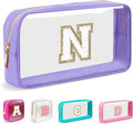 Small Clear Personalized Initial Makeup Bag,Nylon Preppy A-Z Chenille Letter Patch Cosmetic Pouch Beach Toiletry Bag,Waterproof Zip Travel Purse Storage Bag Organizer for Women Girls(Purple-White N)