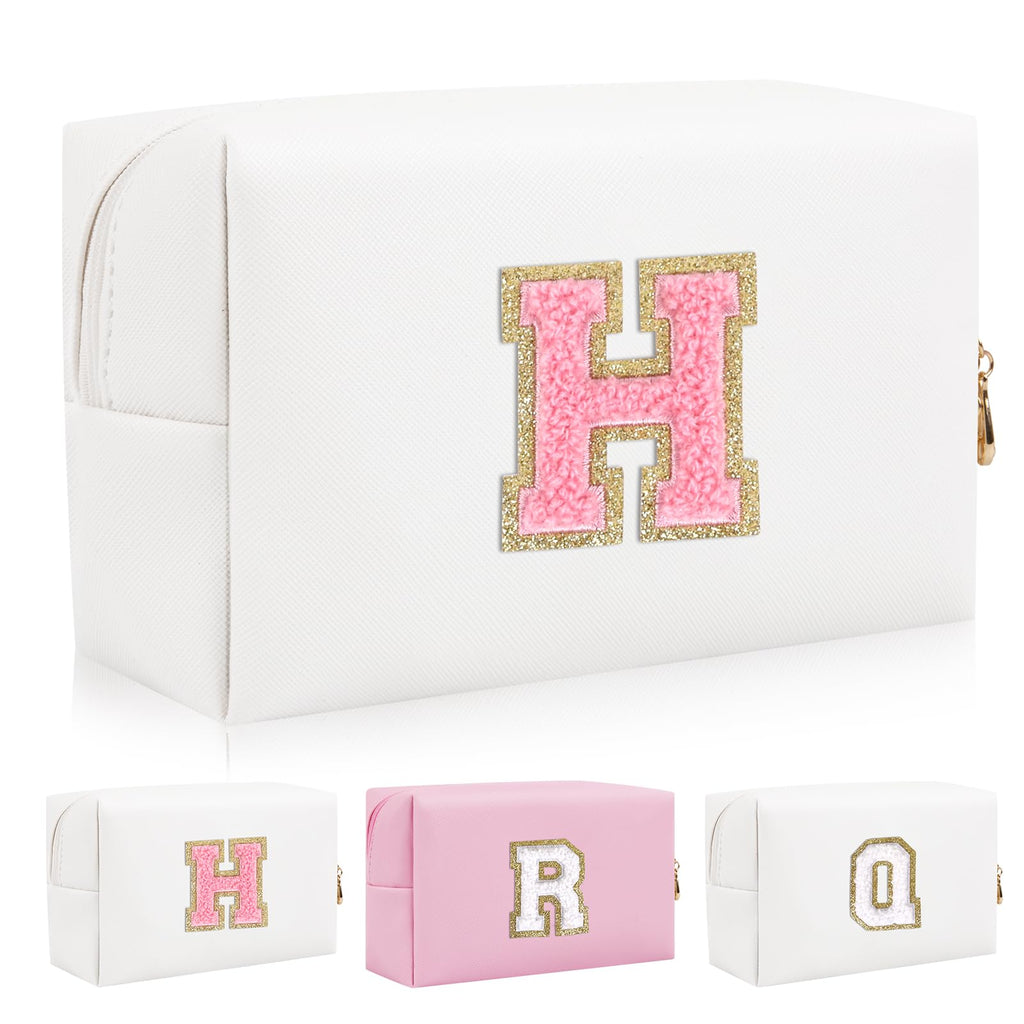 Iqimott Personalized Initial Letter Patch Makeup Bag, Preppy Portable Chenille Letter Cosmetic Bag with Zipper, PU Leather Waterproof Travel Toiletry Bag Monogram Make Up Pouch Girls(Letter H)