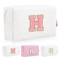 Iqimott Personalized Initial Letter Patch Makeup Bag, Preppy Portable Chenille Letter Cosmetic Bag with Zipper, PU Leather Waterproof Travel Toiletry Bag Monogram Make Up Pouch Girls(Letter H)