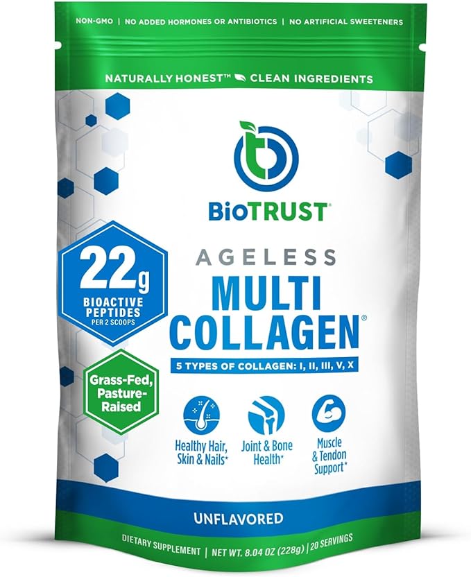 BioTrust Multi Collagen Peptides Powder - Hydrolyzed, Unflavored, Grass Fed
