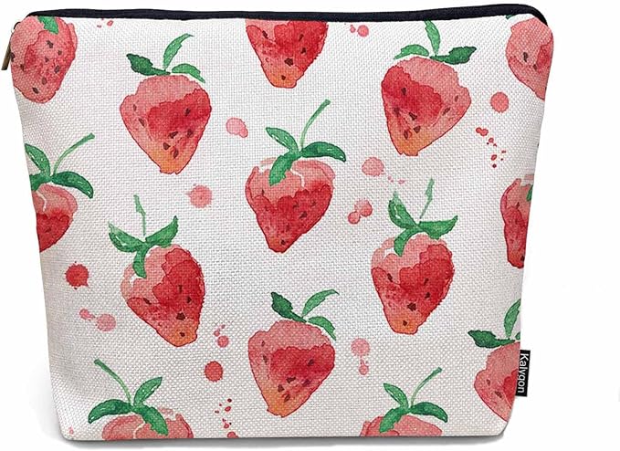 Kalygon Strawberry Cosmetic Travel Bag For Toiletries, Summer Fruits Strawberry Red Makeup Bag Toiletry Bags For Women, Flax Cosmetic Bags Make Up Bag Purse Toiletries Bag Birthday Gift