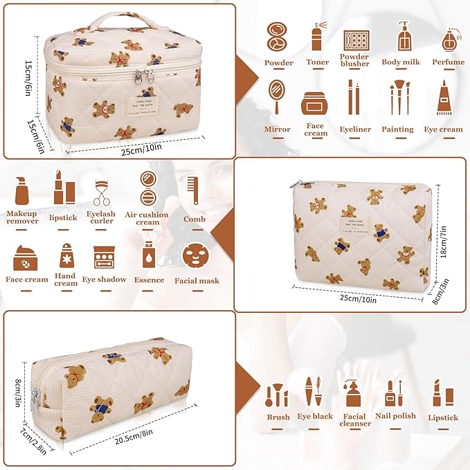 Gosect 3PC Makeup Bag Set, Quilted Makeup Bag, Large Floral Cosmetic Bag for Women, Cute Cotton Makeup Bags, Flower Travel Toiletry Organizer Bag (Bear)