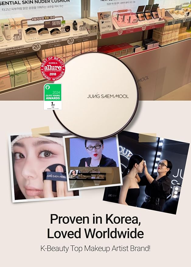 JUNG SAEM MOOL Essential Skin Nuder Cushion | Natural Finish, Buildable Coverage Cushion Foundation by Korean Makeup Artist (Refill Not Included, 0.49 Fl Oz, SPF 50),19N N-Light
