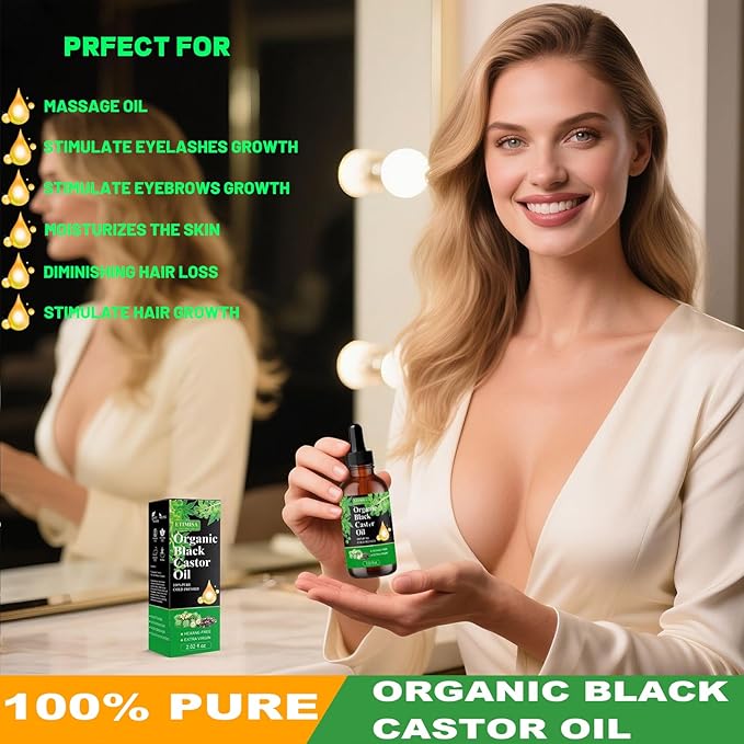 Etimisa Organic Black Castor Oil,100% Pure Natural,Cold Pressed, Glass Bottles, Hair,Eyebrow Care, Skin Care, Castor Oil for Body & Carrier Oil
