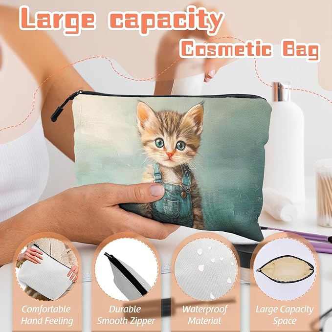 Scribesense Cosmetic Bags Travel Makeup Toilet Case Waterproof Pouch for Women Girls 6.7X9.45inches - The Adorable Allure of A Kitten in Blue Overalls