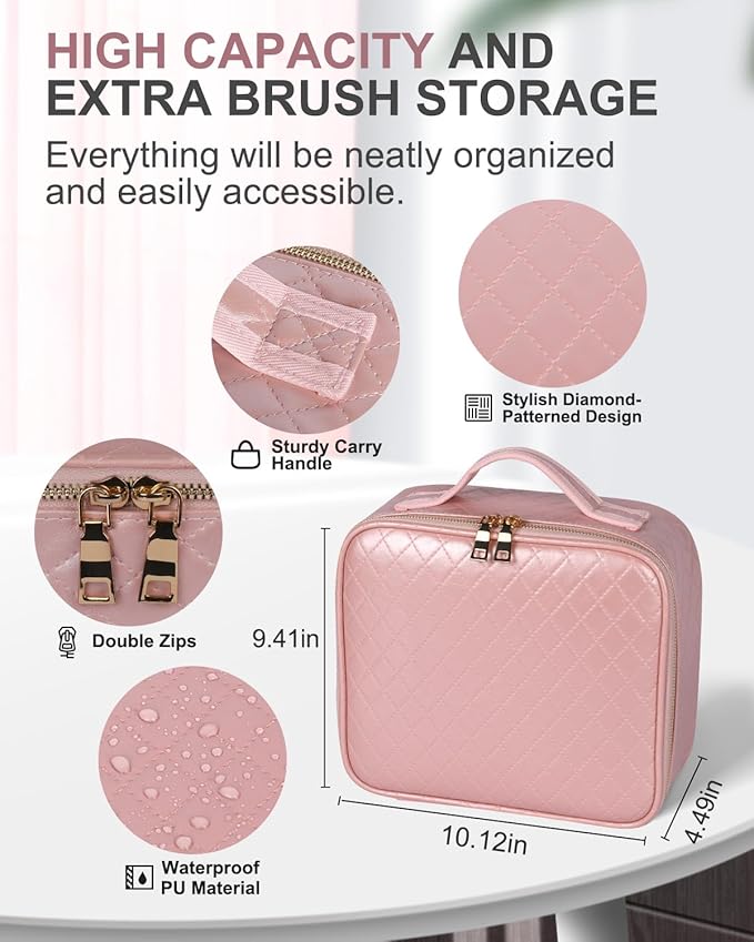 MAYFIY Makeup Bag with LED Lighted Mirror| Portable Makeup Organizer Train Case with 2X/3X Magnification & 3 Color Lights for Precision, Adjustable Brightness| Elegant Gift Packaging, Pink