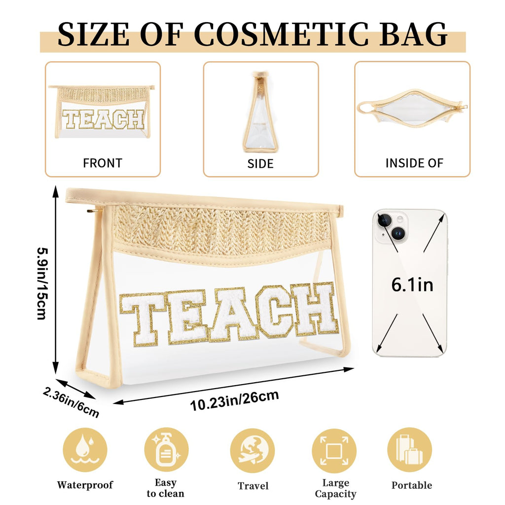 Teacher Appreciation Gifts Boho Straw Clear Makeup Bags, Zipper Cosmetic Bag Chenille Letter Patch Bag, Preppy Cute Beach Toiletry Pouch, Trendy Graduation Retirement Birthday Teacher Gifts for Women