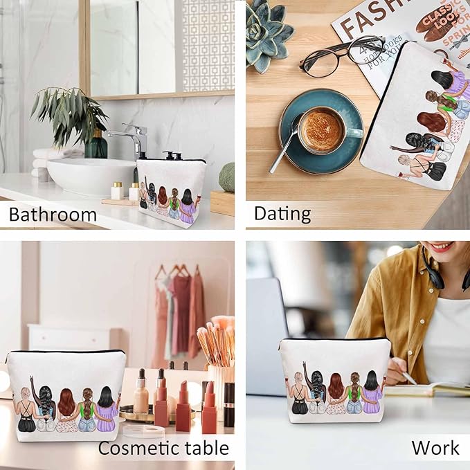 Kalygon Women Cosmetic Bag Best Friends, Pretty Women Soul Sisters Cute Makeup Bag For Purse Cosmetic Travel Bag For Toiletries Makeup Storage Bag Flax Skincare Bag Make Up Pouch Bags
