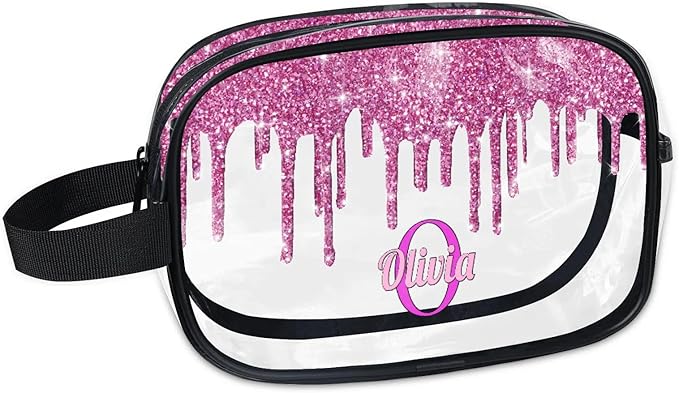 KFNHN Personalized Transparent Travel Cosmetic Bag Waterproof Makeup Bags, Custom Name Clear Organizer Case Toiletries Container Bag, Orchid Pink Water Fluid Shape Shiny Glitters