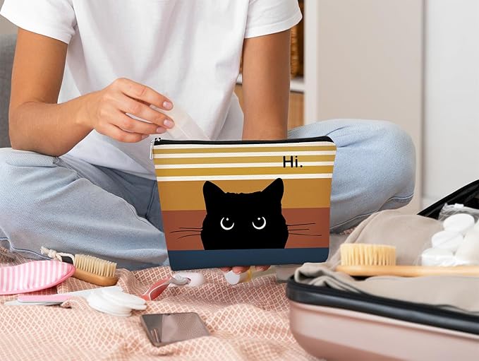 BARPERY Cute Cat Makeup Bag, Black Cat Kitty Cosmetic Pouch, Sunset Color