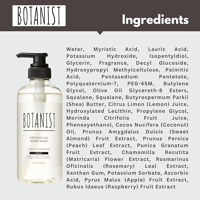 Botanist Hydrating Body Wash for Dry Skin, Hypoallergenic Body Wash for Women & Men with Shea Butter, Aloe Vera& Almond, Sensitive Skin Body Wash & Shower Gel from Japan 16.5 Fl Oz ROSE & WHITE PEACH