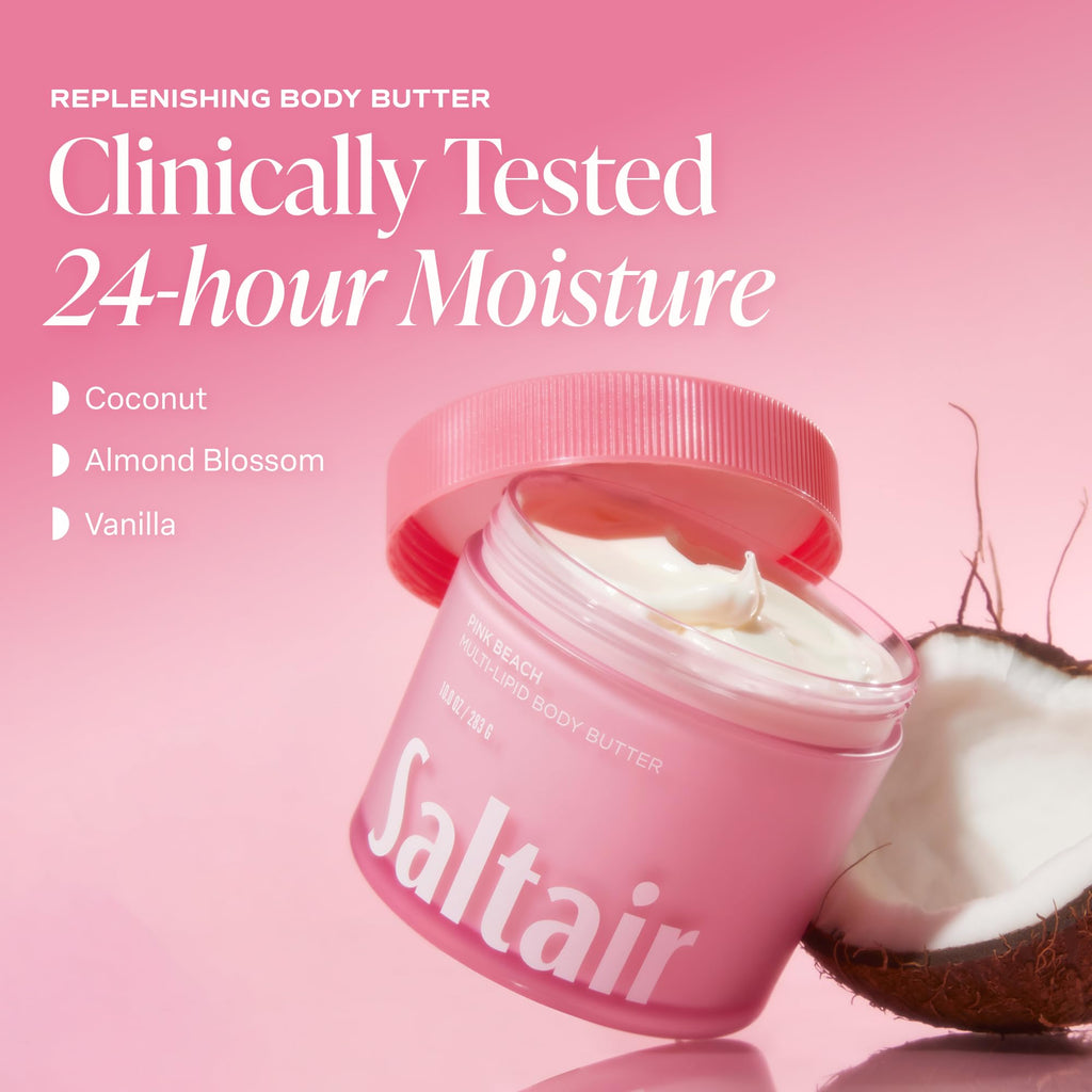 Saltair Multi-Lipid Body Butter – Hydrating 24-Hour Moisture – Body Cream for Soft Skin & Barrier Support – Ceramides, Coconut Oil & Shea Butter for Dry Skin Care – Pink Beach 10oz
