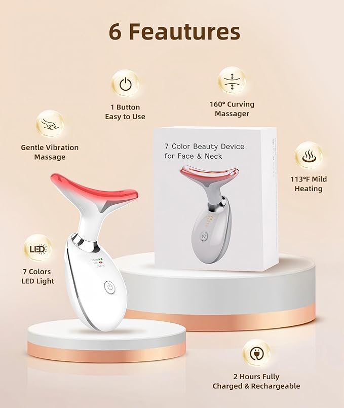 Jobazok 7 Color Face and Neck Massager Light Therapy, Red Light Based Facial Massager for Skin Care, Smoothing, Firming (White)