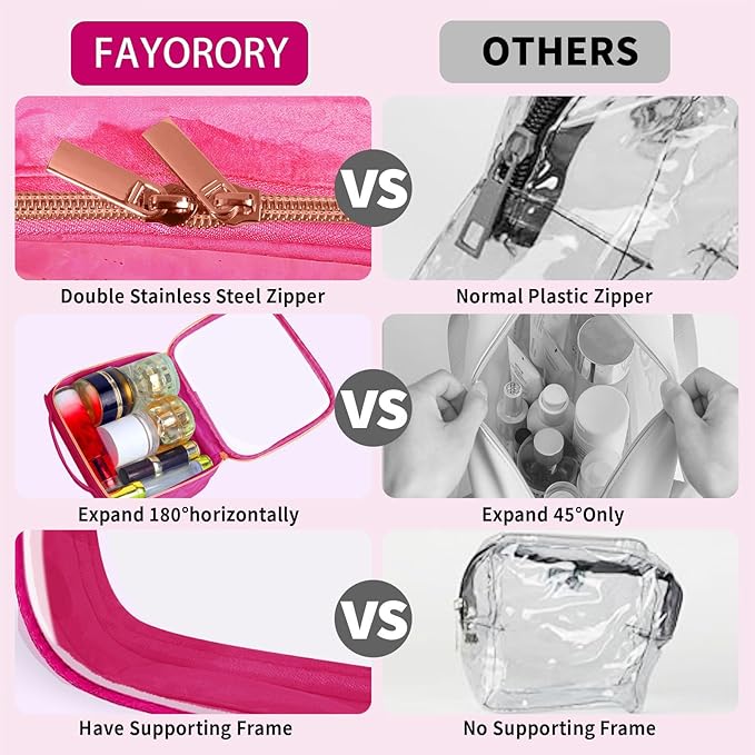 FAYORORY TSA Approved Travel Toiletry Bag,3 Pack Clear Makeup Bags with Handles,Quart Size Clear Cosmetic Bags for Traveling Women,Men,Carry on Airport Airline Compliant Bag,Rose Red