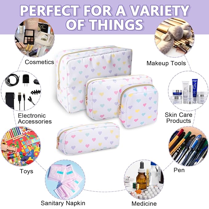 UIXIZQ Small Pencil Case Makeup Bag for Purse, Cute Pencil Pouch Nylon Preppy Makeup Brush Bag with Zipper, Girls Portable Stationery Storage Case for Office School College(Slim-White Heart)