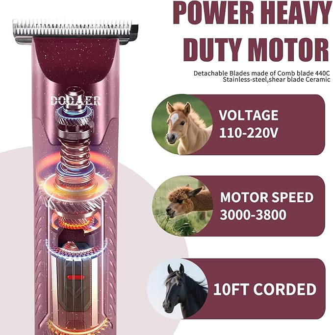 DODAER Professional Grooming Electric Corded 2-Speed Horse Clipper with Detachable Blade - Cool & Quiet Running Design - Includes Size T84 Blade for Complete Horse Grooming - Burgundy