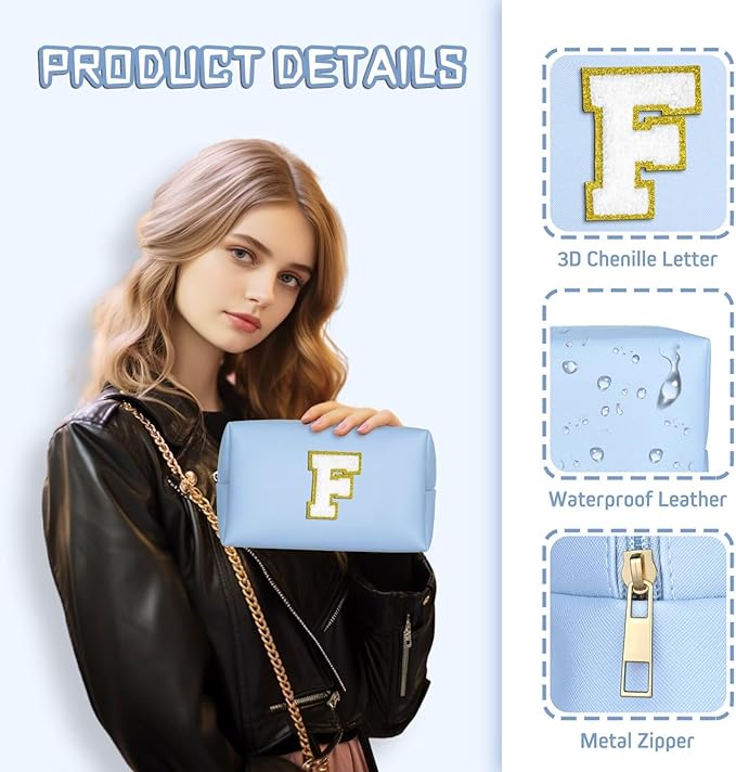 TOPEAST Preppy Makeup Bag, Small Cosmetic Travel Bags for Women, PU Leather Waterproof Toiletry Bag with Zipper, Personalized Birthday Gift for Women Girl, Preppy Gifts for Girl (Sky Blue F)