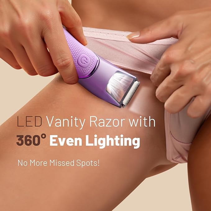 Purple Personal Trimmer for Women, Waterproof & Portable for Use at Home or Travel, with Mirror Light for Bikini Line and Body Grooming