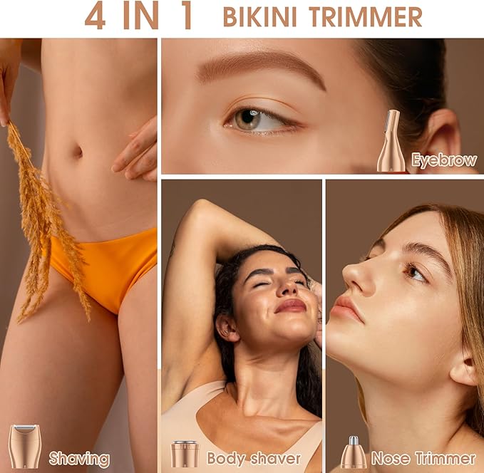 BLIBEE Hair Clippers & Bikini Trimmer for Women - Waterproof Electric Clippers and 4 in 1 Bikini Trimmer Set, Deluxe Hair Trimmer, Wet/Dry Body Shaver for Nose Eyebrows Beard Pubic Hair, Mauve