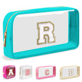 Mini Clear Personalized Initial Makeup Bag,Nylon Preppy A-Z Chenille Letter Patch Zipper Cosmetic Bag, Small Cute Beach Pouch Travel Purse Sanitary Napkin Storage Bag for Women Girls(White-Pink R)