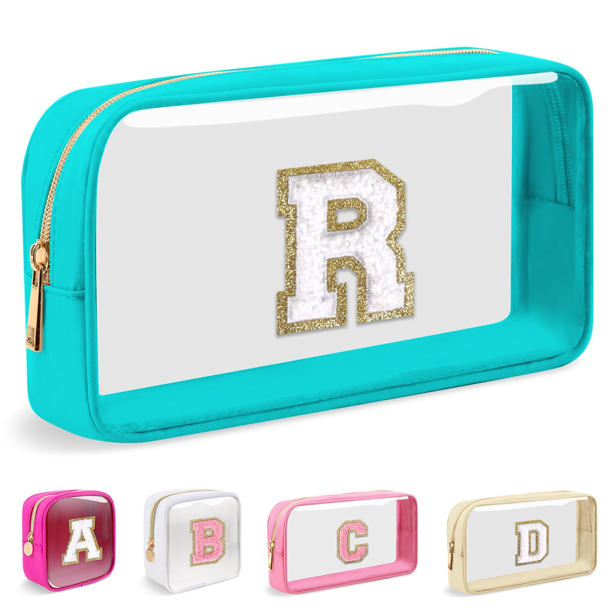 Mini Clear Personalized Initial Makeup Bag,Nylon Preppy A-Z Chenille Letter Patch Zipper Cosmetic Bag, Small Cute Beach Pouch Travel Purse Sanitary Napkin Storage Bag for Women Girls(White-Pink R)