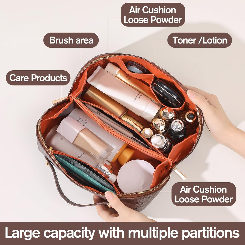 Cuteseason PU Leather Makeup Bag for Women, Structured Makeup Case with Wide Opening, Travel Cosmetic Bag with Compartments and Handle, Water-Resistant Makeup Organizer(White Checkered Grain)