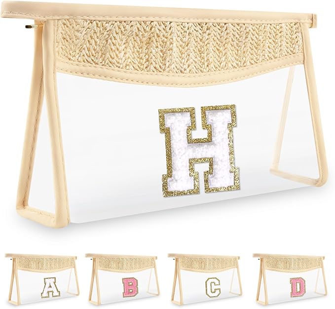 UIXIZQ Personalized Initial Letter Bag Boho Straw Clear Makeup Bag,Small Cute Chenille Varsity Letter Pouch With Zipper,Beach Travel Toiletry,Portable Monogrammed Cosmetic Bag for Women Girls,H