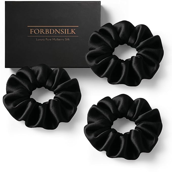 FORBDNSILK 100% Pure 22 Momme Mulberry Silk Scrunchies (Set of 3) | Highest grade (6A) Luxury Hair Ties| (Black,White,Pink) | (Black, Standard)