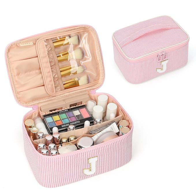 OCHEAL Makeup Bag for Women, Monogram Cosmetic Bag with Brush Holder, Pink Travel Makeup Case Beauty Toiletry Bag Organizer Personalized Gifts for Girls Bridesmaid, Sister, Wife, Friends Initial J