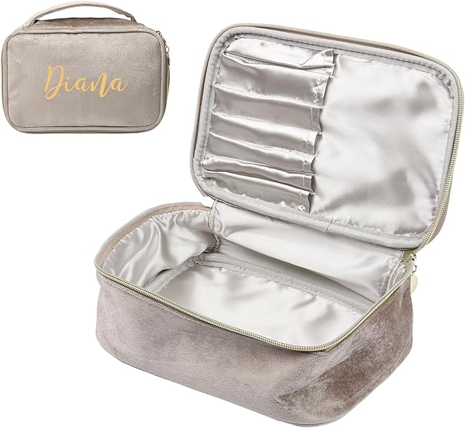 Dreamgem Personalized Name Makeup Bags - Monogrammed Gift for Women Girls Cosmetic Bag with Zipper Gift Ideal for Teen Girls Women Birthday Friend Mom (Khaki)