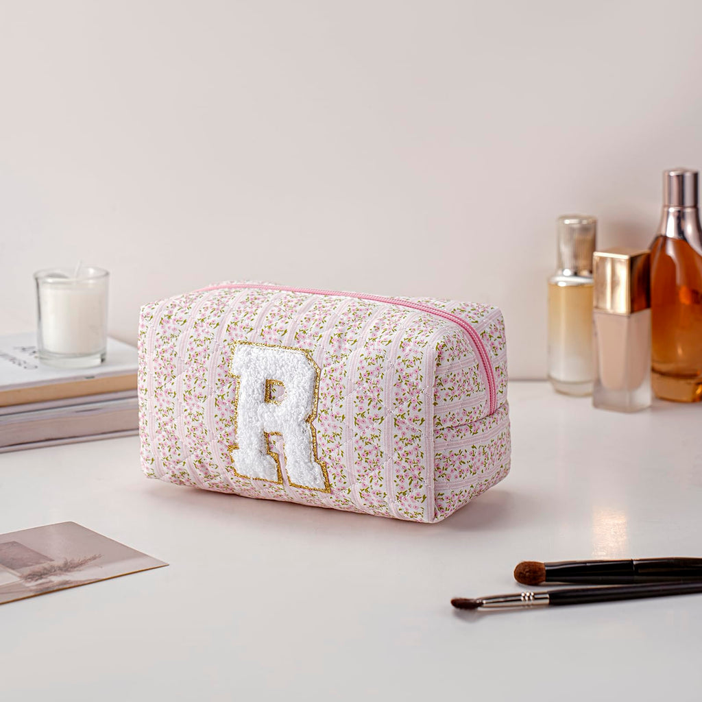 JOVAKIT Makeup Bag Cosmetic Bags for Women, Christmas Gifts for Girls Age 6-18, Alphabet Pink Floral Coquette Zipper Travel Makeup Pouch, Organizer Case Trendy Stuff (Pink Floral R)