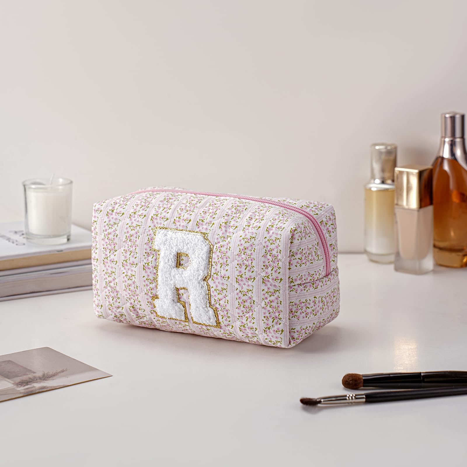 JOVAKIT Makeup Bag Cosmetic Bags for Women, Christmas Gifts for Girls Age 6-18, Alphabet Pink Floral Coquette Zipper Travel Makeup Pouch, Organizer Case Trendy Stuff (Pink Floral R)