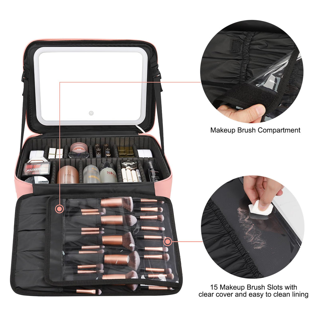 Chomeiu Makeup Bag with LED Mirror, Large Train Case for Makeup Artists, 16.2 inches Travel Professional Cosmetic Organizer with Light Up Mirror, 3 Color Lights, Brush Holder & Shoulder Strap (Pink)