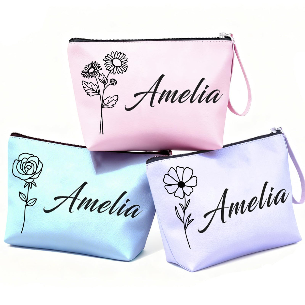 Bliver Personalized Makeup Bag Initial&Birth Flower Custom Small Travel Cosmetic Bag with Name Cute Makeup Bag for Women Girls