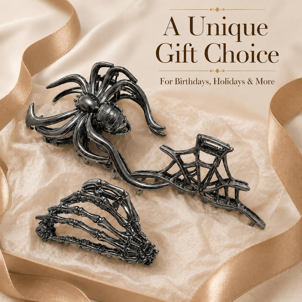 Parcce 3 Pieces Large Metal Spider Net Hand Hair Claw Clips for Women and Girls Thick Long Hair, Nonslip Skeleton Spooky Barrette Headband Hair Styling Accessories for Halloween