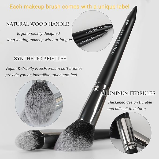 VIVID BEAUTY 18 Pcs Pro Deluxe Makeup Brushes with Travel Case, Premium Powder Foundation Blending Concealer Blush Eyeshadow Face and Eye Make up Brush kit with labels for Beginner(Black)
