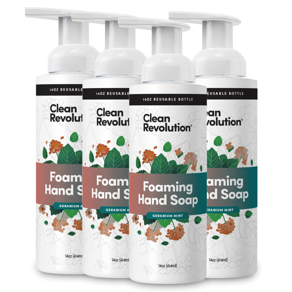 Clean Revolution Foaming Hand Soap Refill with Real Essential Oils, Moisturizing Sulfate-Free Hand Soap, Ready-to-Use Foam Soap Refill for Kitchen & Bathroom (Geranium Mint) 14 oz, Pack of 4