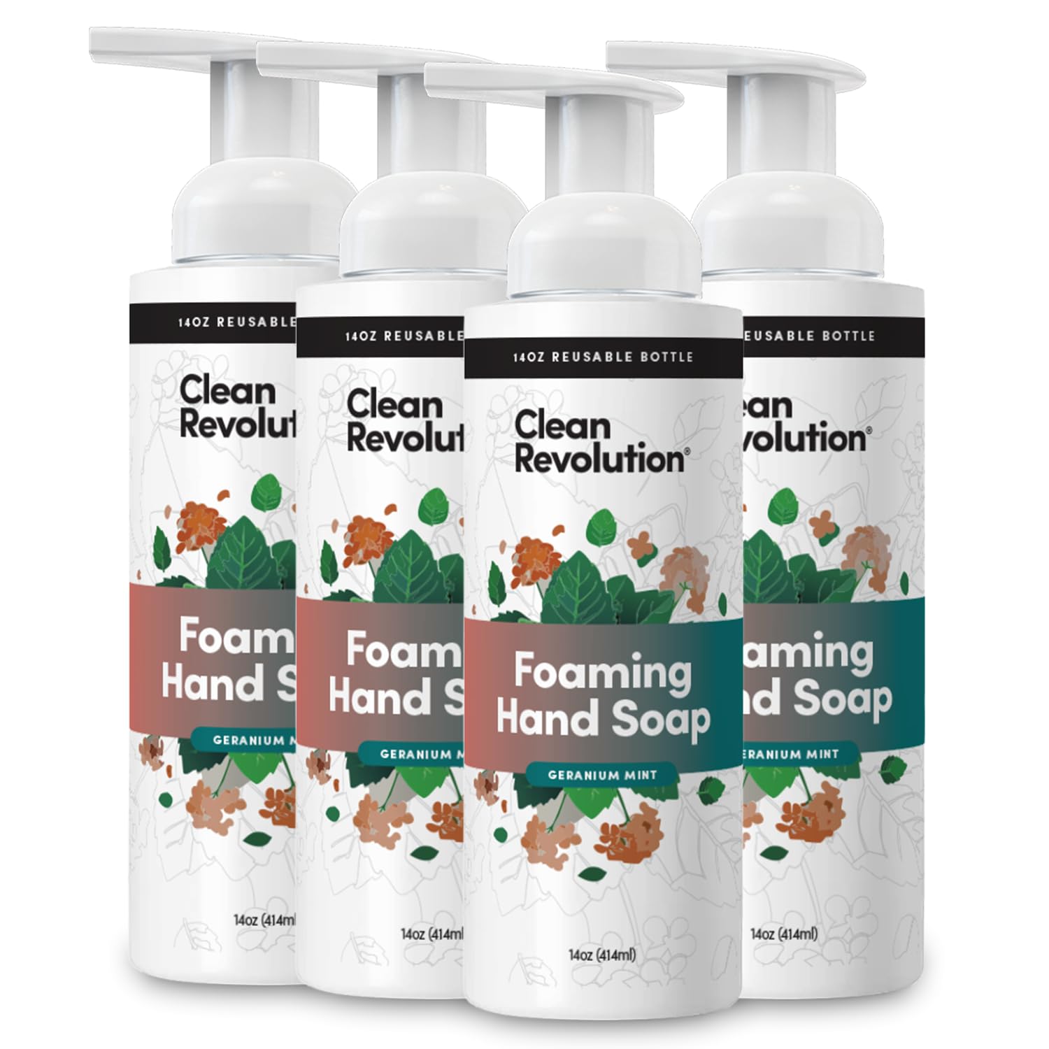 Clean Revolution Foaming Hand Soap Refill with Real Essential Oils, Moisturizing Sulfate-Free Hand Soap, Ready-to-Use Foam Soap Refill for Kitchen & Bathroom (Geranium Mint) 14 oz, Pack of 4