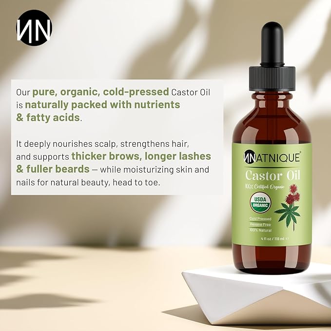 Natnique Castor Oil – USDA Certified Organic, 100% Pure Cold Pressed Unrefined Oil for Hair Growth, Eyelashes, Eyebrows & Scalp – Natural Skin Moisturizer, Lash Serum & Hair Treatment (4 oz)