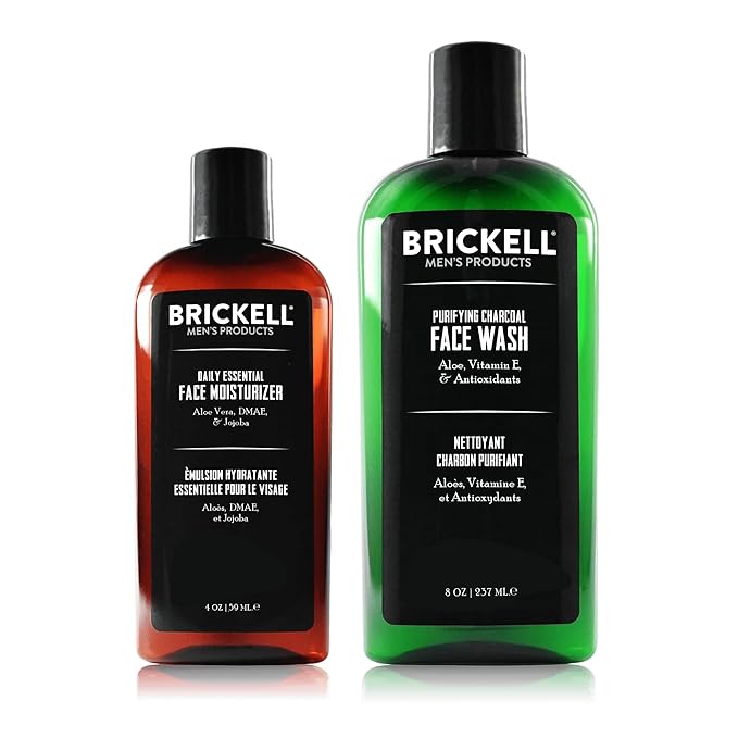 Brickell Men's Daily Essential Face Care Routine II, Purifying Charcoal Face Wash and Daily Essential Face Moisturizer, With Activated Charcoal, Hyaluronic Acid, and Aloe, Unscented, Skincare Gift Set