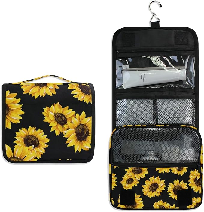 Hanging Travel Toiletry Bag Kit Makeup Case Cosmetics Organizer for Men Women (Black Sunflower)